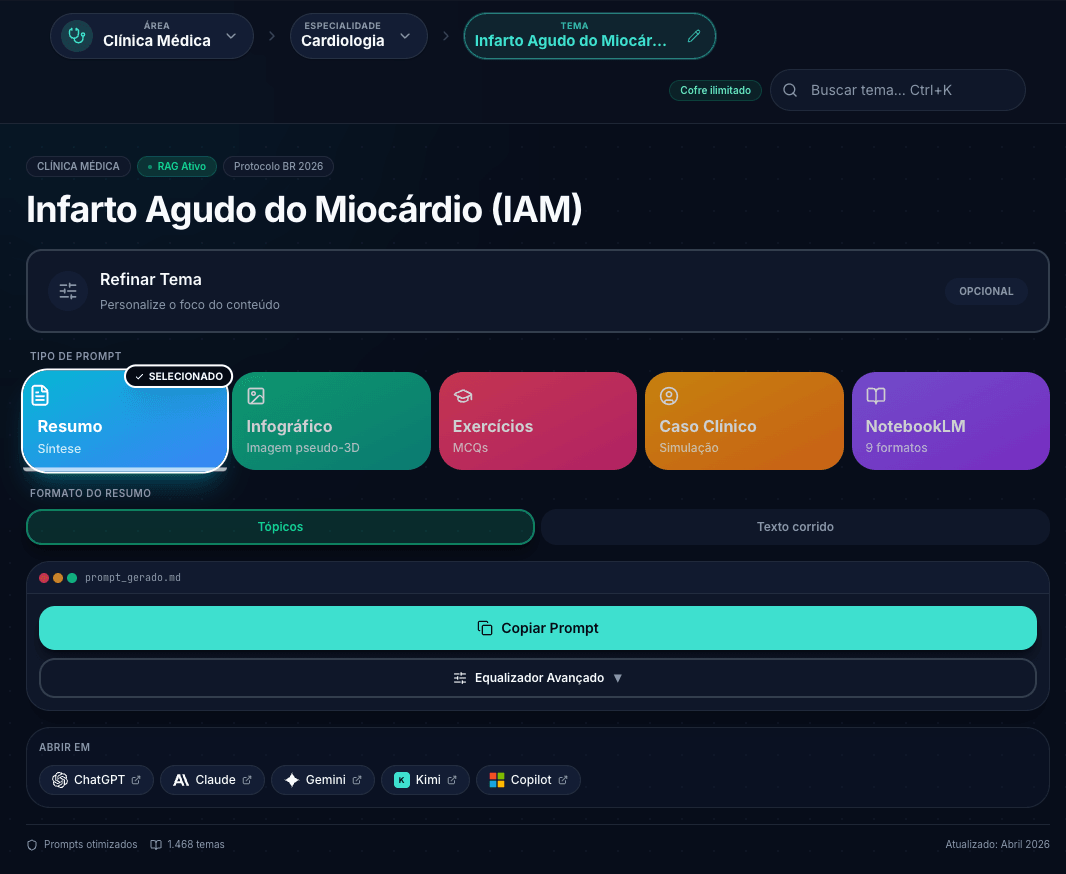 Tela real do Cofre do AceleraMed configurada para Infarto Agudo do Miocárdio